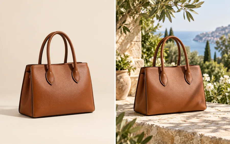 The same leather handbag before and after a background edit