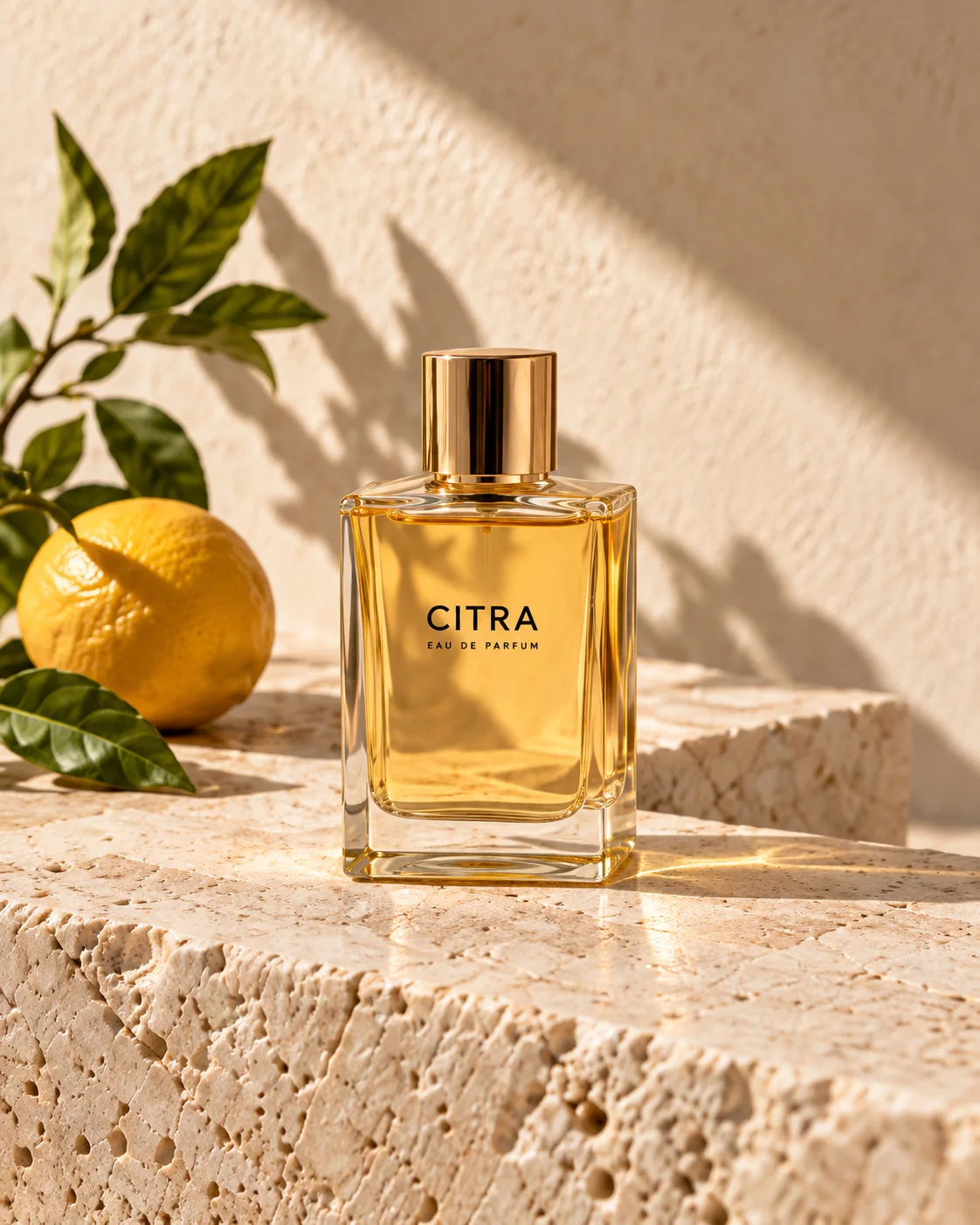 Amber Citra perfume bottle with lemon and leaves on sunlit travertine